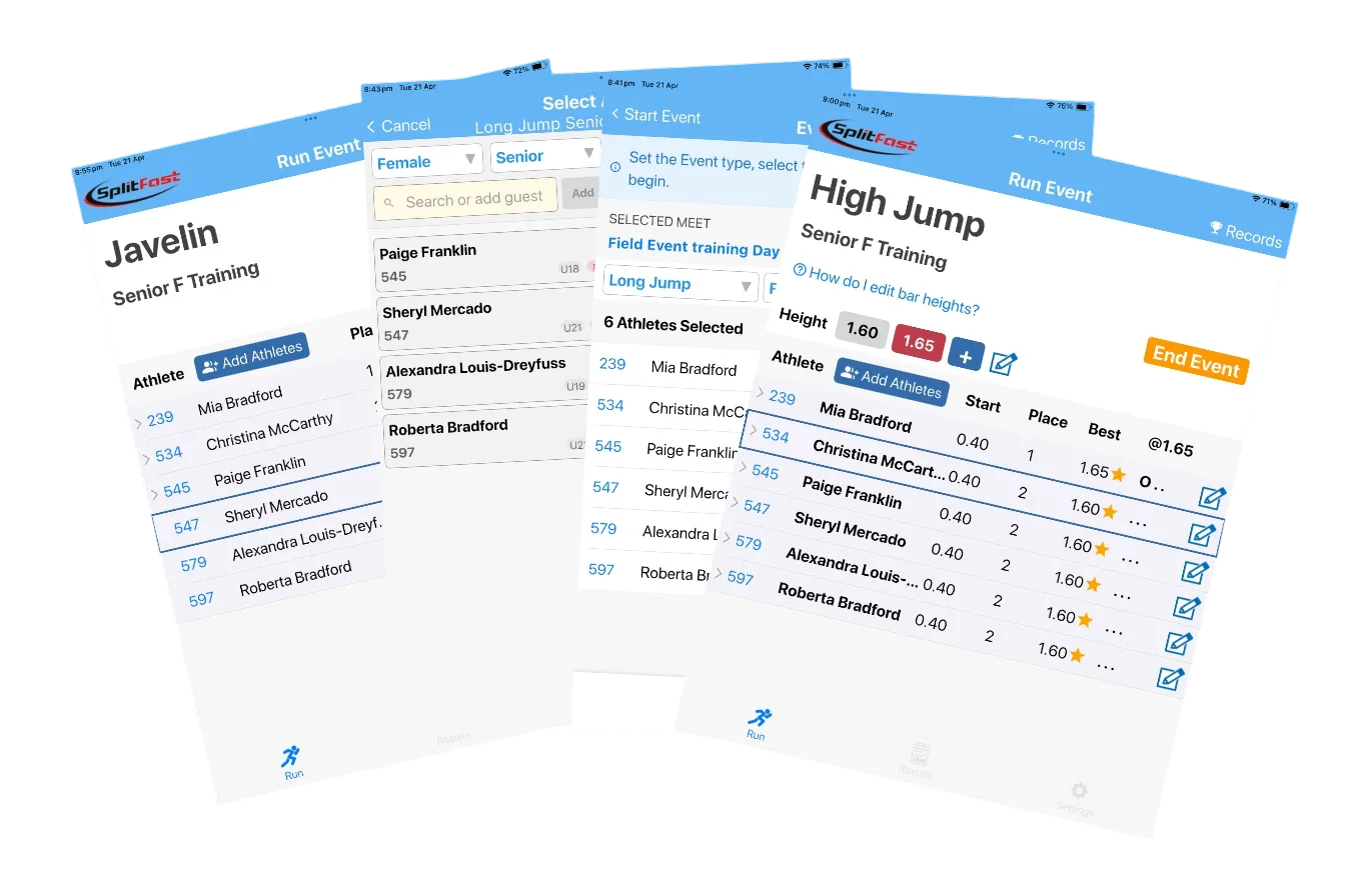 SplitFast Field Events App showing a compilation of screen views including Javelin, Select Athletes, Event Setup and High Jump on iPad